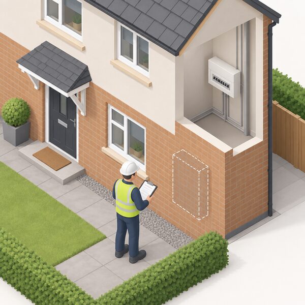 An isometric installer figure with a clipboard stands outside a house at the proposed battery location, looking at the wall and consumer unit area while surveying the home before quoting for a battery installation.