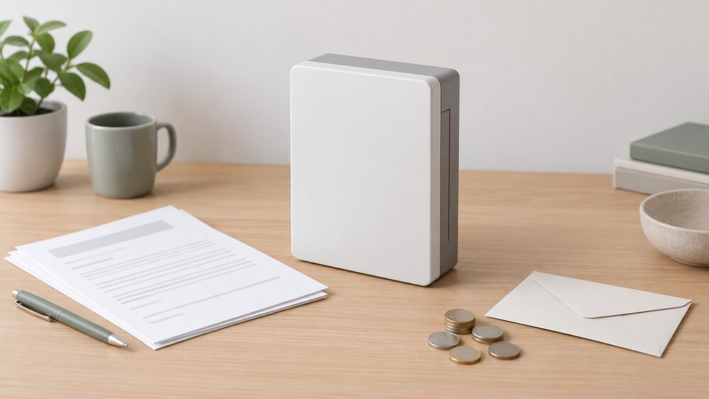 A small model of a wall-mounted home battery unit stands on a table beside blank paperwork, a plain envelope and a few coins, suggesting a household weighing up a battery purchase from a named maker.