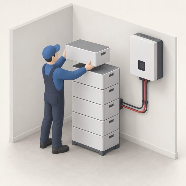 A tall stack of identical rectangular Force H3 battery modules standing on the floor of a home utility space, connected by cabling to a wall-mounted hybrid inverter beside it, with a simplified isometric figure of an installer placing one more module on top to show the stack can be extended.