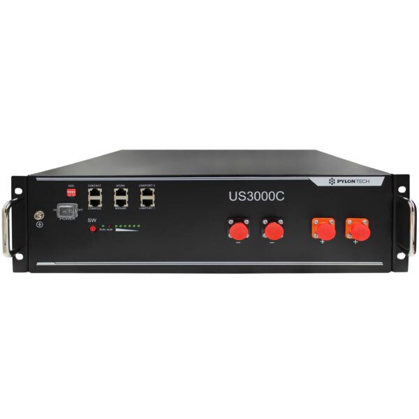 A Pylontech US3000C 3.5kWh rack-mount home battery storage unit shown front-on on a white background