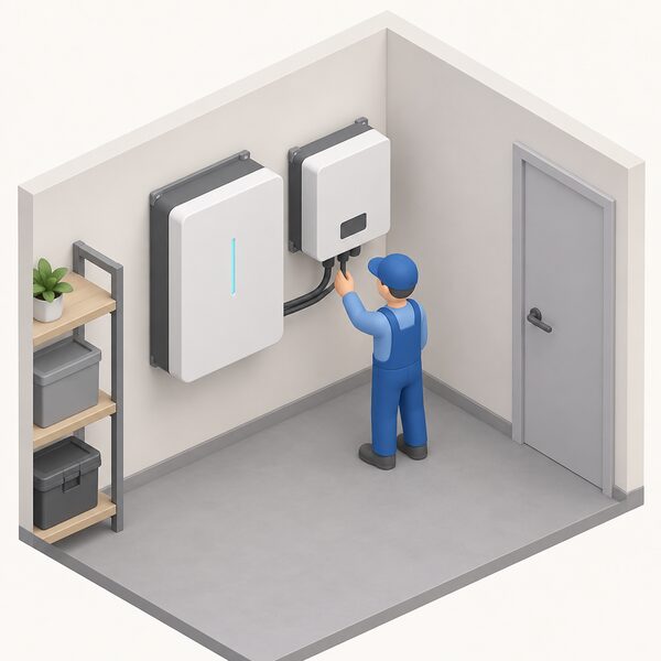 An indoor utility space where a wall-mounted home battery is cabled to a matching inverter beside it, with a simplified isometric installer figure checking the connection between the two units to show the battery depends on its paired inverter.