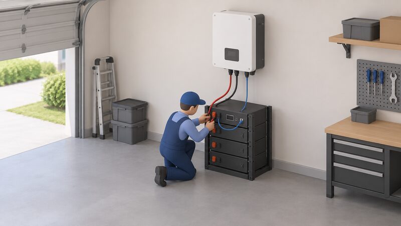 An isometric installer in a garage kneels beside a Pylontech rack battery, connecting DC cables and a communications lead up to a wall-mounted hybrid inverter on the wall above.