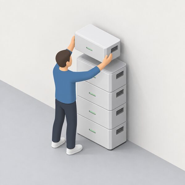 A floor-standing battery tower of identical stacked modules against a plain wall, with a small isometric figure placing one more module on top to show capacity growing module by module.