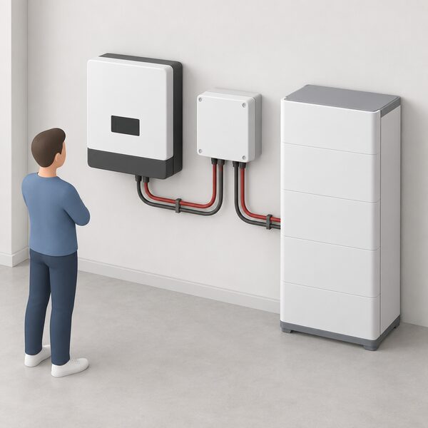 A wall-mounted RCT Power Switch unit installed beside the inverter and DC-coupled battery storage in a home, shown as a separate boxed component wired between them, illustrating the extra backup device that switches the house to battery supply during an outage.