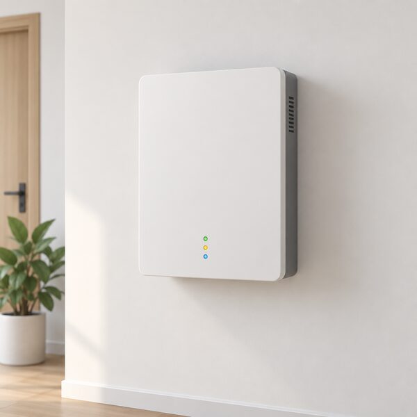 A plain wall-mounted storage inverter unit indoors on a smooth interior wall, drawn as a simple rectangular cabinet with a blank front panel and small indicator lights, shown alone with no cabling detail so the focus stays on the tested equipment itself.