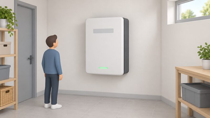 A wall-mounted home battery unit in a tidy domestic plant room, shown as a physical object with a plain blank nameplate on its front where the maker's mark would sit, drawn so nothing readable appears on it.