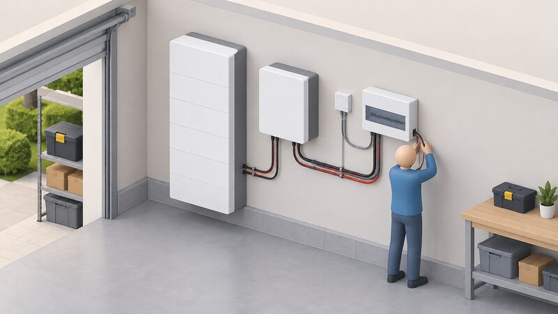 A wall-mounted RCT Power battery tower in a garage beside a separate battery inverter, with a small isometric figure connecting cables from the pair to a consumer unit on the same wall.