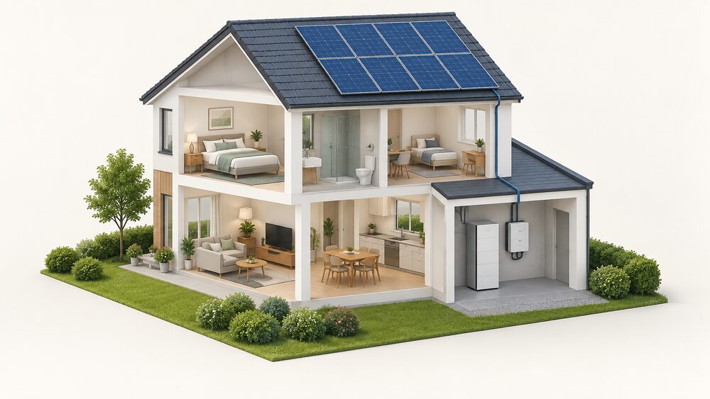 A cutaway of a house showing solar panels on the roof, with a tall battery tower standing beside a separate battery inverter mounted on the wall of a garage or utility space, connected down from the roof array.
