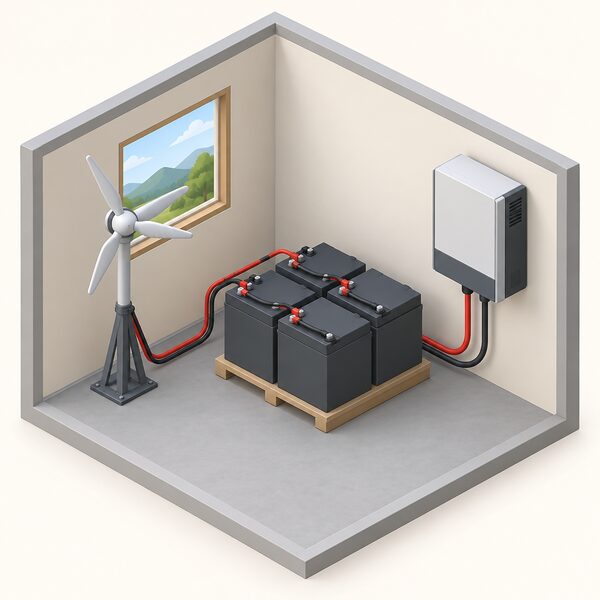 A simplified isometric cutaway of an off-grid home system room showing a deep-cycle battery bank wired to an inverter and a charging source, with cables connecting battery bank to inverter and the charging source feeding the bank.