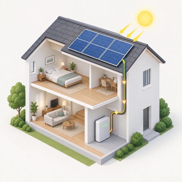 A cutaway house view showing rooftop solar panels connected by cable to a home battery unit inside the house, with a simple flow indicating surplus electricity travelling from the panels down to the battery for storage, and no grid connection emphasised.