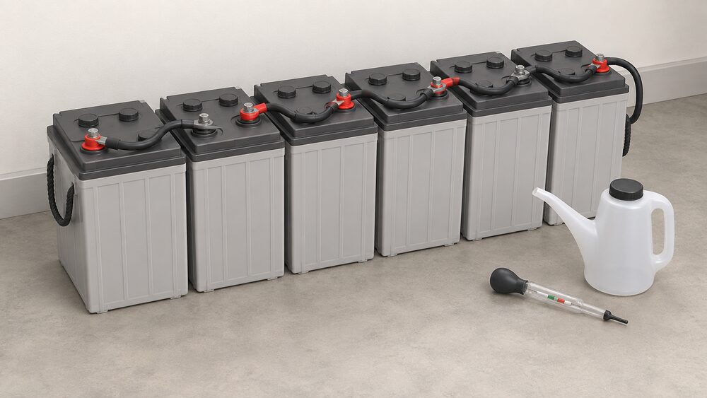 A close-up of a flooded deep-cycle lead-acid battery bank standing on the floor of an off-grid home's utility space, several large polypropylene cased cells connected in a string by heavy cables, with a watering jug and hydrometer beside them for maintenance.