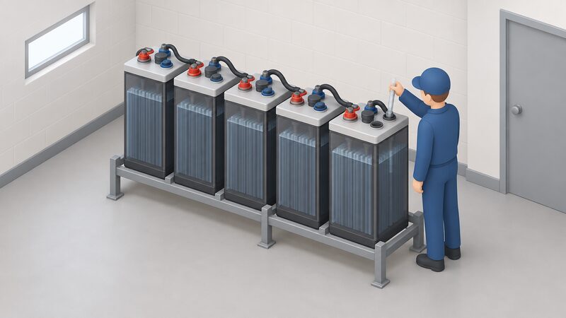 A bank of tall flooded lead-acid deep-cycle cells standing on a rack in a simple off-grid plant room, connected by short heavy cables in series, with a small isometric figure checking the water level of one cell.