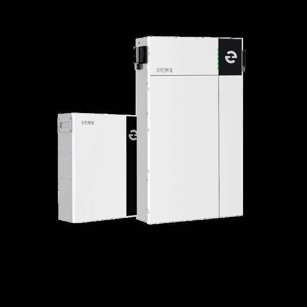 Two white SAJ wall-mounted hybrid inverter and battery units shown against a plain white background