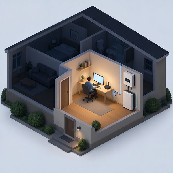 A cutaway home interior during a power cut showing a desktop computer and router still running on a desk, connected by cables to a backup circuit supplied by a wall-mounted hybrid inverter and battery unit, with dark unlit rooms beyond.