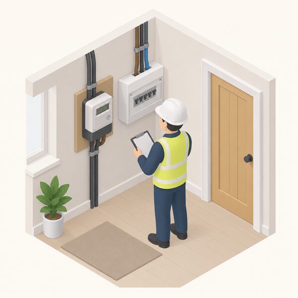 An installer at a survey stands at the consumer unit and electricity meter inside a home, inspecting the incoming supply cables and meter to confirm whether the property has a single-phase or three-phase supply before an inverter is chosen.