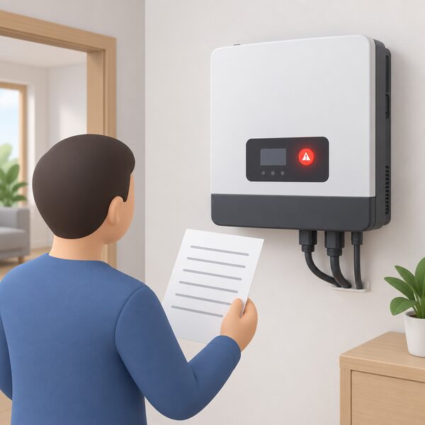 A simplified figure's hand holds a commissioning paperwork sheet with blank lines beside a wall-mounted hybrid inverter whose display shows a red fault light, in a home setting.