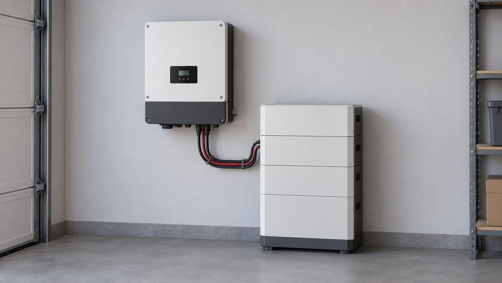 A wall-mounted hybrid inverter unit with a matching modular battery stack beside it, shown close up in a garage or utility position, with the inverter's connection to the battery visible and no other equipment in the scene.