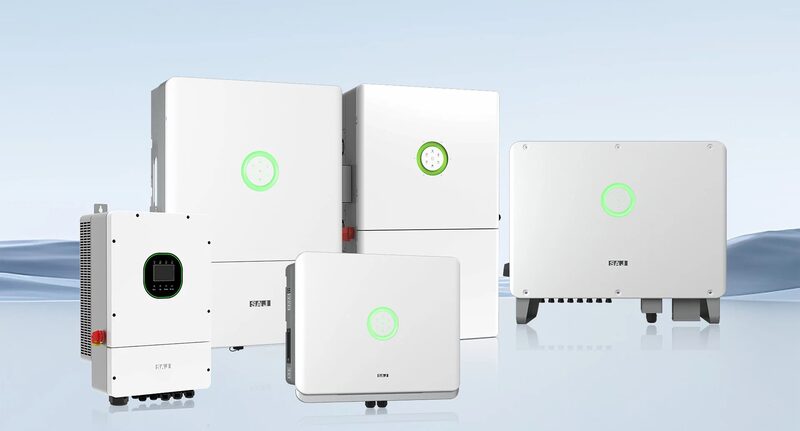 A product line-up of white SAJ home battery units and a hybrid inverter against a pale blue studio background