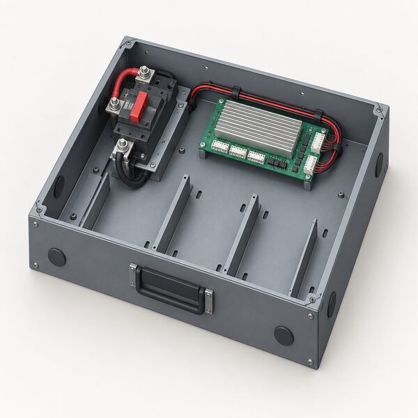 An open metal battery kit enclosure shown with the 250A DC breaker mounted inside it and the JK active balancer board fitted alongside, drawn as a plain isometric view of the empty kit ready for separately supplied cells.