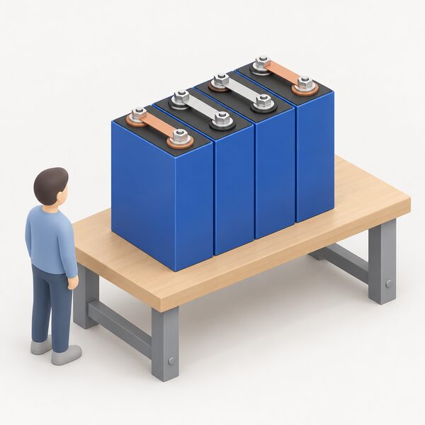 A simple stack of rectangular LiFePO4 battery cells standing on a plain workshop surface, drawn as bare prismatic cells with terminal posts and connecting bars, separate from any kit enclosure, breaker or balancing electronics, to show that the cells are sold separately from the kit.