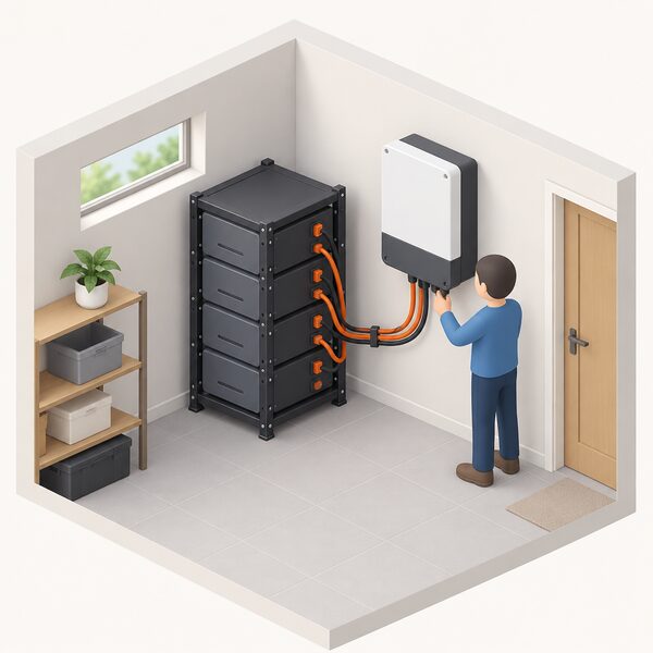 An indoor utility space where a rack-mounted DIY battery bank of stacked modules is cabled to a wall-mounted hybrid inverter beside it, with a simplified isometric figure checking the connections, all installed neatly against the wall of the home.