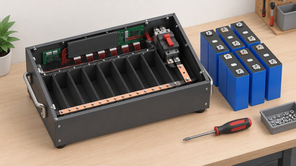 A close-up of an open DIY battery kit enclosure standing on a workbench, its empty cell compartments visible, with a large DC breaker mounted on it, busbars laid inside, and a stack of separate LiFePO4 cells and a hand tool waiting on the bench beside it, not yet fitted.