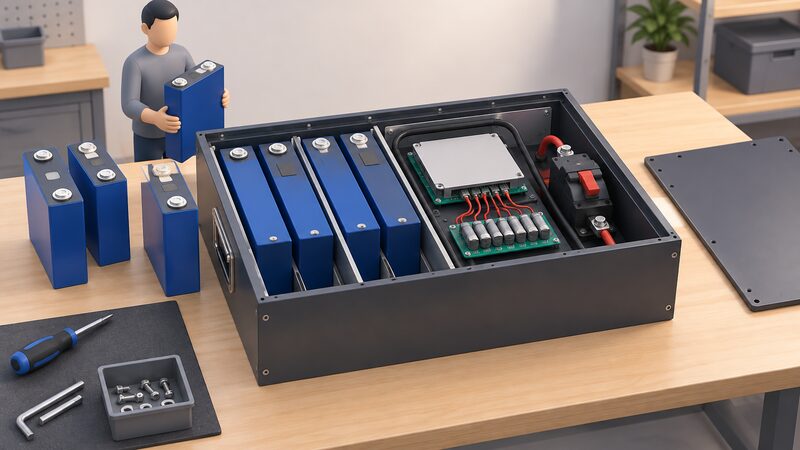An open metal battery enclosure lying on a workbench with several large LiFePO4 cells partly slid into its internal bays, a BMS and active balancer board mounted inside, and a DC breaker fitted, with a few cells still waiting beside it.