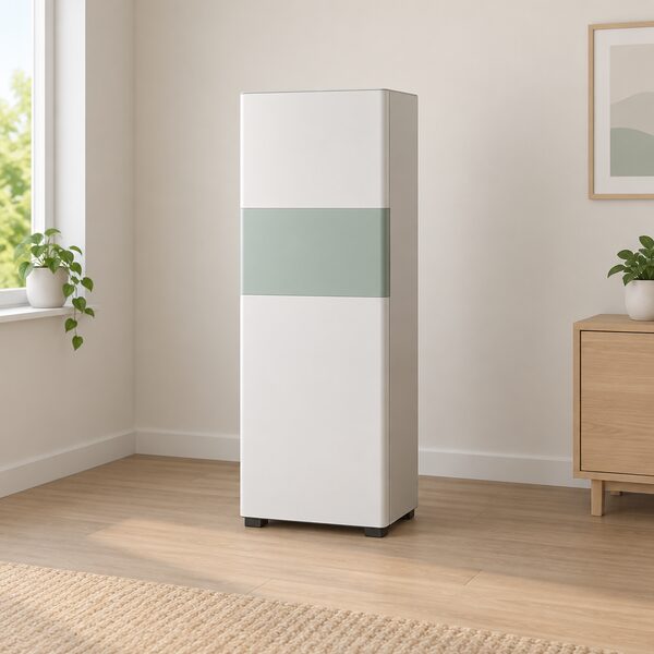 A single tall floor standing home battery module standing upright on the floor of a plain domestic room, drawn as a simple unbranded cabinet with a plain colour band, with no cabling or other equipment shown.
