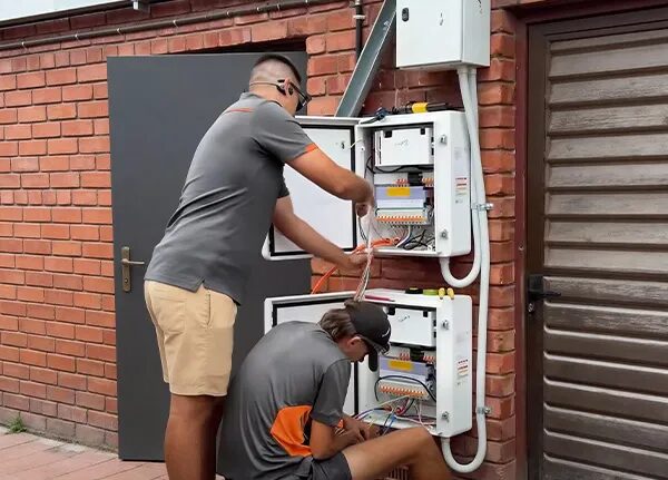 Two installers wiring wall-mounted white electrical distribution and inverter cabinets on a brick wall outside a house