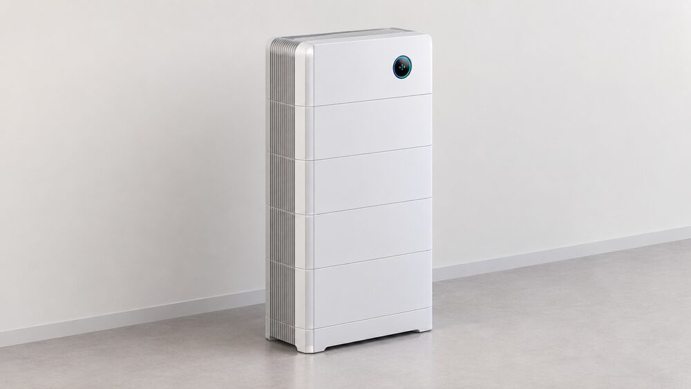 A close-up of a single SigenStor cabinet standing on the floor, a tall stack of identical battery modules with the inverter section on top, shown plain against a neutral indoor background with no other equipment.