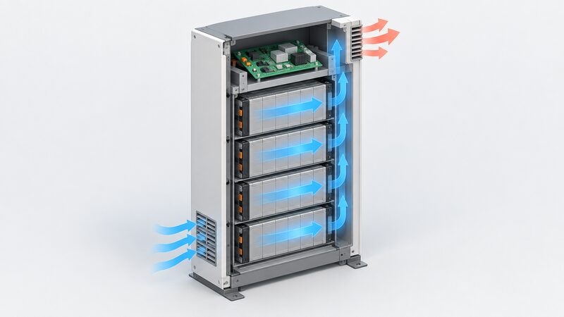 A cutaway view of a single upright battery module showing stacked battery cell packs inside the enclosure, a DC-DC optimiser board mounted at the top of the module, and a cooling path with airflow moving across the cells and out through vents.