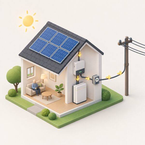 A simplified isometric house with rooftop solar panels, a wall-mounted battery and hybrid inverter inside, connected by a metered cable running out to a local overhead network pole, with flow arrows showing surplus electricity travelling from the house out to the grid.