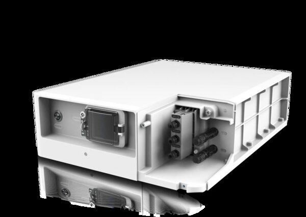 A white SMA battery storage unit shown as a product photo with its side panel open revealing connection terminals