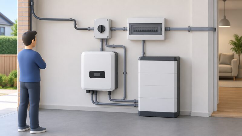 A utility wall area showing a wall-mounted automatic changeover switch beside a consumer unit, wired with conduit to a hybrid inverter and battery on the same wall, with a grid supply cable entering and a cable running off to protected home circuits.