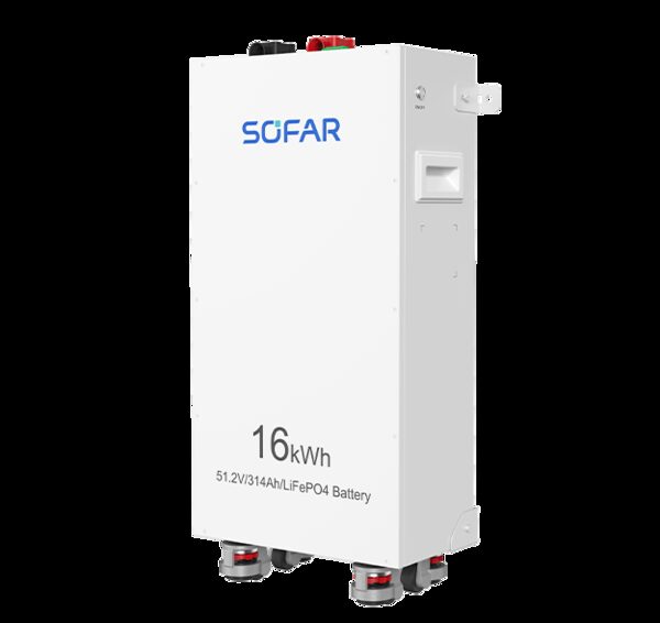 A white Sofar 16kWh LiFePO4 home battery unit shown against a plain background