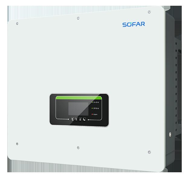 A Sofar Solar three-phase hybrid solar inverter, a white wall-mounted unit with a display panel