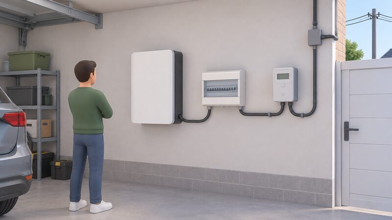 A wall-mounted home battery unit fixed to a garage wall beside a consumer unit, with a cable running from the battery to the consumer unit and a separate supply cable continuing to a meter and incoming grid connection, showing the battery as part of the household wiring rather than a replacement for the grid.