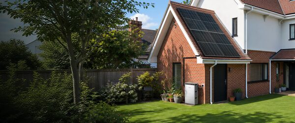A brick house extension with solar panels on the roof and a battery storage unit on the outside wall beside a lawn