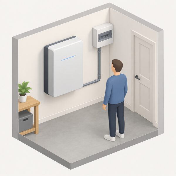 A wall-mounted domestic battery unit inside a home, drawn at a scale that suggests it stores roughly a day's worth of household electricity, with a simplified isometric figure standing beside it for scale and a conduit linking it to the household electrics.