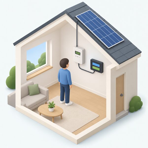 A simplified isometric figure stands indoors looking at a smart meter mounted on an inside wall, with a cable from the meter running to a small display screen showing plain blank bars, and a simplified solar PV panel visible on the roof outside the window.