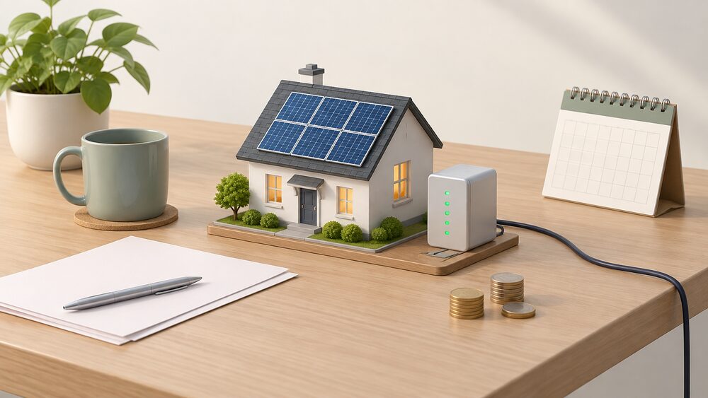 A small model house with solar panels on its pitched roof sits on a table beside a compact battery unit, with blank paperwork, a calendar and a few coins arranged around them, and a thin cable leading away from the model toward the table edge to suggest the grid connection remains.