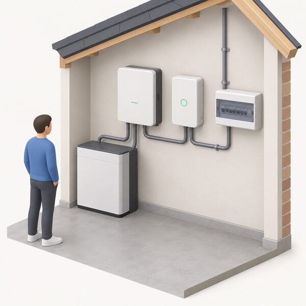 A wall-mounted Home Backup Interface beside a Home Hub inverter, with a battery unit nearby, connected by conduit to a household consumer unit so the backup chain from battery through inverter and interface to home circuits is visible.