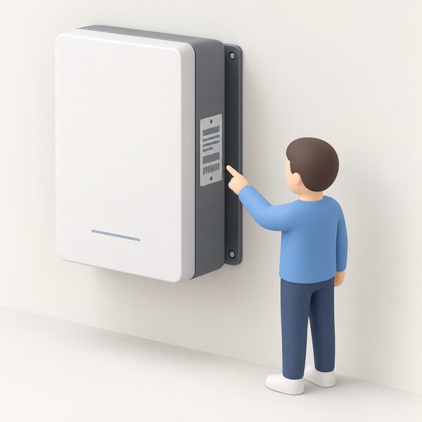A close-up view of the side of a wall-mounted home battery unit showing its type plate, with a small simplified figure of a person pointing at the plate without touching it, illustrating that the plate and serial number must stay in place.