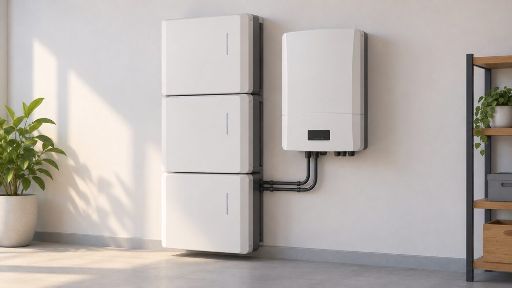 A close-up of a SolarEdge Home Battery 48V system: three rectangular battery modules stacked vertically and mounted on a plain wall, with a matching SolarEdge inverter unit mounted beside them, all indoors in daylight.