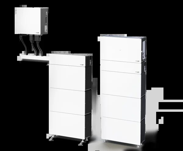 SolarEdge home battery stacks with an inverter on a white background