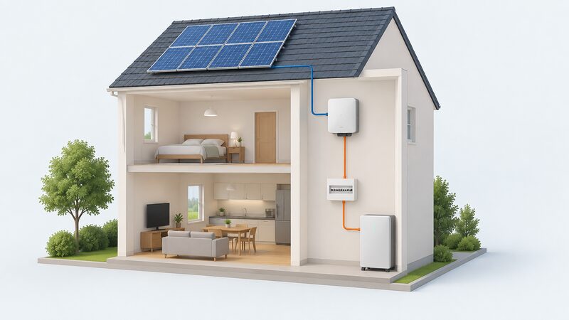 A simplified house cutaway showing rooftop solar panels wired to an existing inverter on a wall, and a separate battery unit connected by its own cable to the household consumer unit, with no connection between battery and the solar DC side.