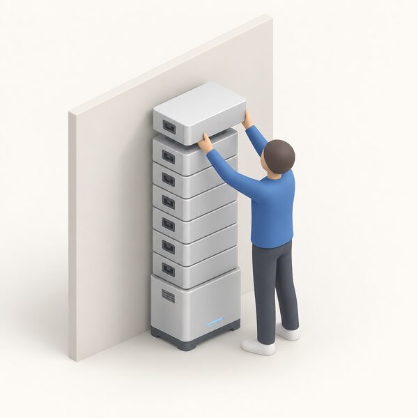 A tall stack of identical rectangular battery modules standing on and beside a base AC-1 unit against a plain wall, with a simplified isometric figure placing one module onto the stack to show how two to eight modules connect in series.