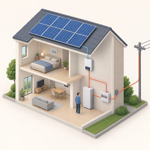 An isometric cutaway of a home showing an existing rooftop solar PV array with its original inverter on the wall, and a new AC-coupled battery unit installed beside it, wired into the household AC circuits without the inverter being replaced.