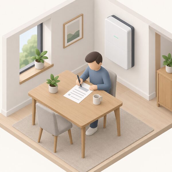 A simplified isometric figure sits at a table in a home setting, filling in a printed warranty registration form with a pen, the form shown as a physical sheet with blank lines and plain blocks, a wall-mounted home battery unit visible nearby.