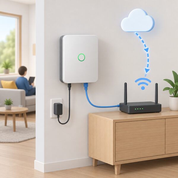 A wall-mounted Manager control unit in a home connected by a network cable to a nearby internet router, with a small signal path suggesting automatic software updates arriving over the household's internet connection.